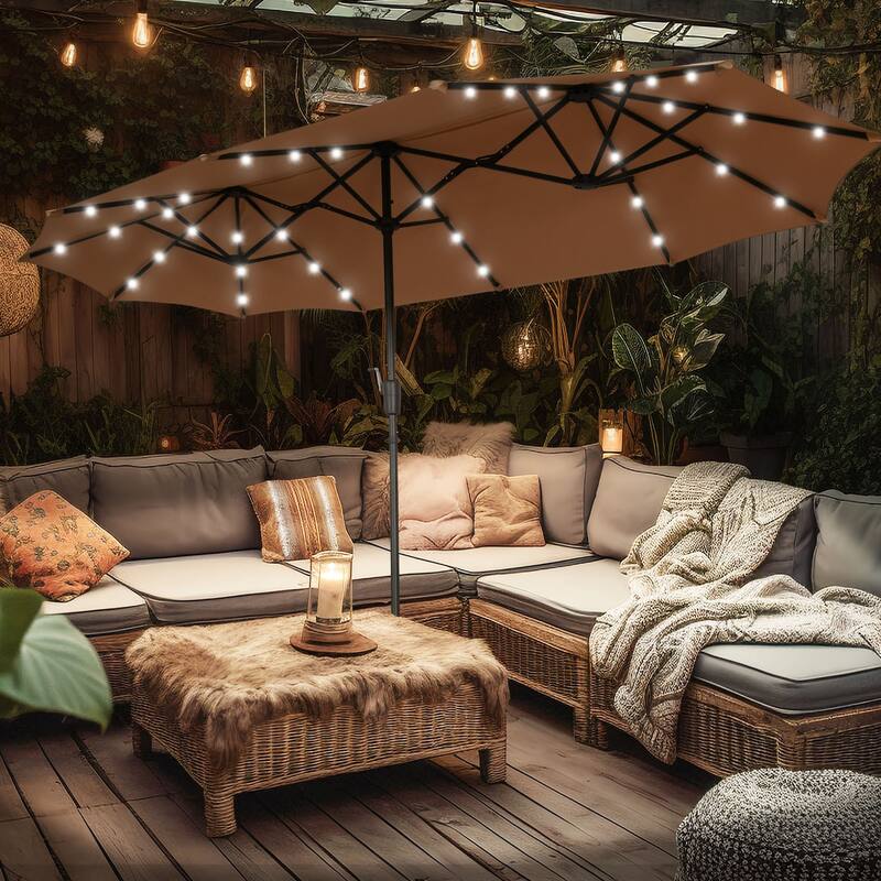 Ainfox 13ft Double-sided Patio Umbrella Solar LED Lighted Outdoor Martet Umbrella with Base - Brown-NoBase