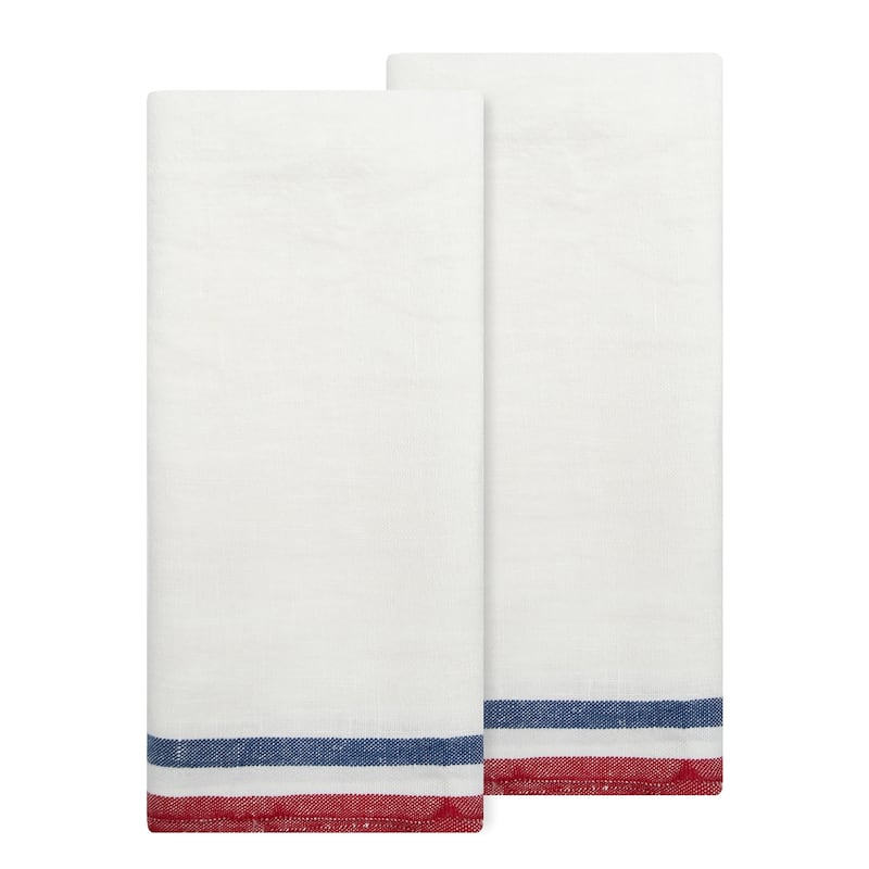 Caravan Normandy White Tea Towels - Set of 2 - 20 x 30" - White, Red, White, Blue