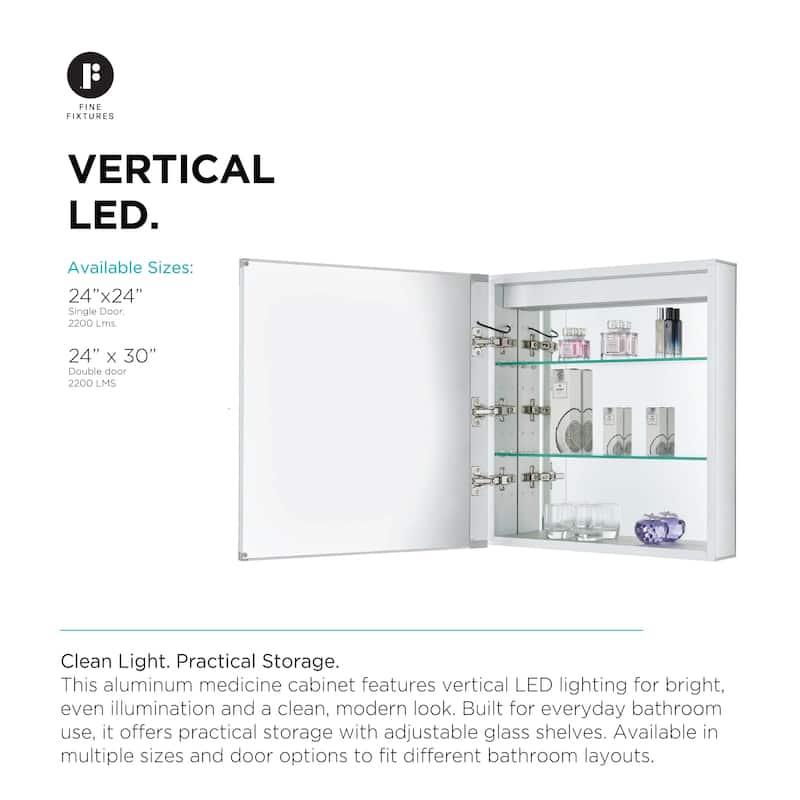 Bathroom Medicine Cabinet, Aluminum, Recessed/Surface Mount, Mirrored Interior w/LED