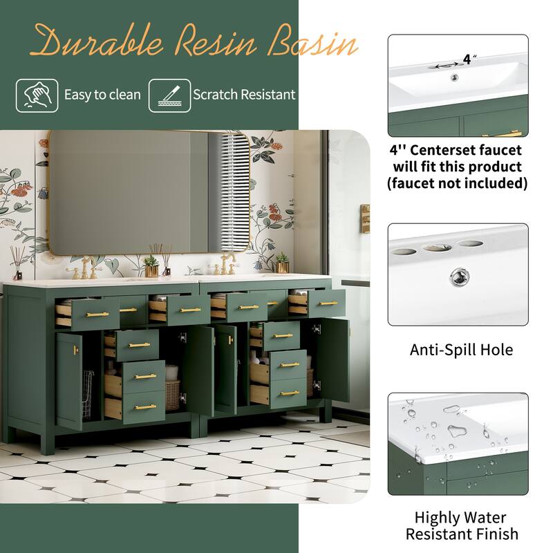 72" Bathroom Vanity with Ceramic Sink, Freestanding Double Cabinet with 8 Drawers, Solid Wood Frame & Storage