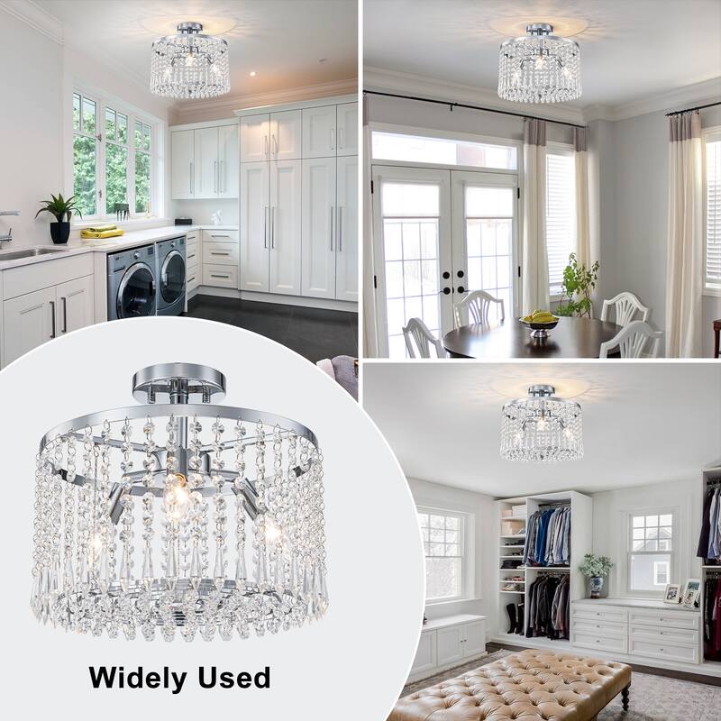 Modern Crystal Semi-Flush Mount Ceiling Light with E12 Sockets - Dia.13.77-in