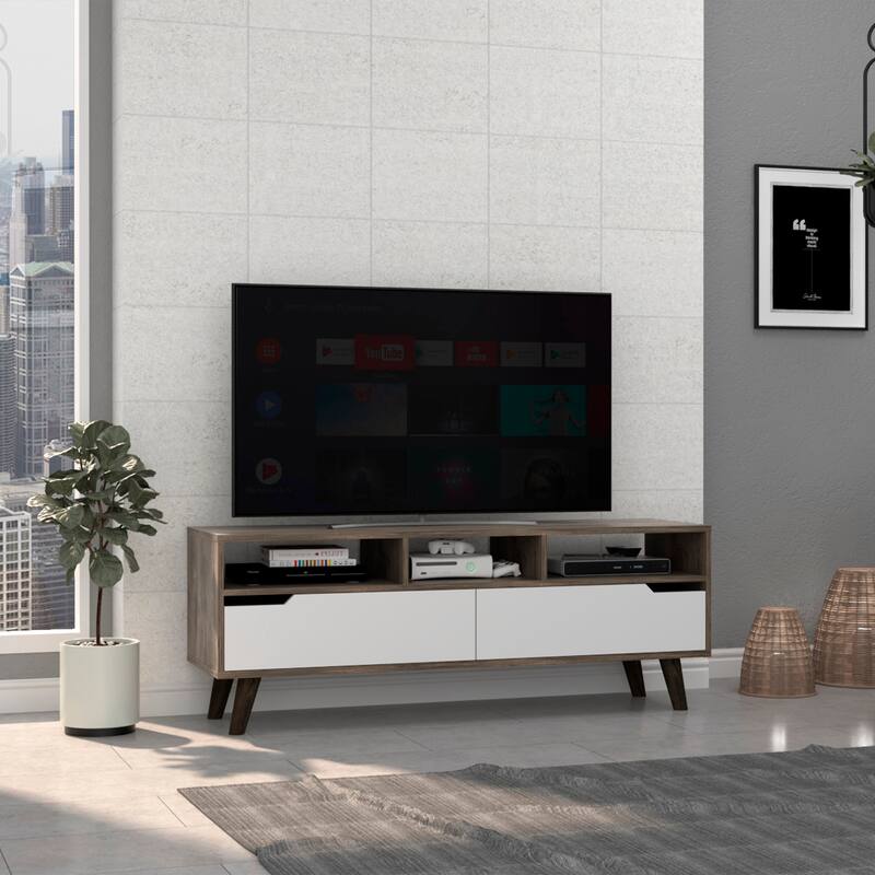 TV Stand 2.0 For TV´s up 52", Three Open Shelves,Two Drawers, Dark Brown / White Finish