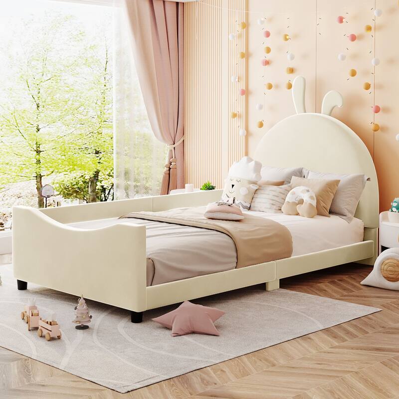 Twin Size Velvet Daybed Rabbit Ear Shaped Headboard, Durable Wood Frame, No Box Spring Required, Upholstered Bed for Children's