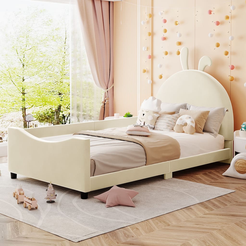 Twin Size Velvet Daybed Rabbit Ear Shaped Headboard, Durable Wood Frame, No Box Spring Required, Upholstered Bed for Children's