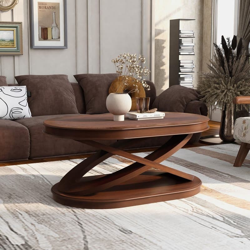 Solid Wood Oval Coffee Table with X-Shaped Base for Living Room Use - Walnut