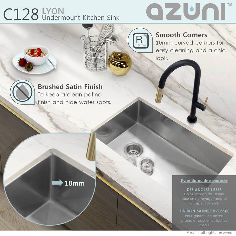 AZUNI 28 inches L x 18 inches W Single Bowl Undermount 16G Reversible Kitchen Sink with Grid and Basket Strainer C128