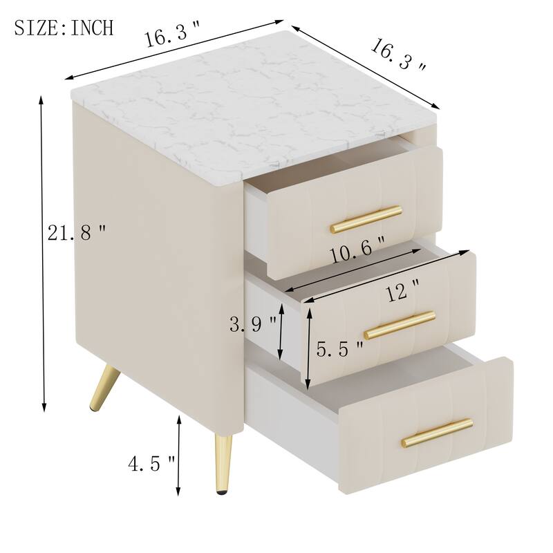 Upholstered Wooden 3-Drawer Nightstand - Metal Legs/Handles + Marbling Sticker Top Bedside Table (Beige)