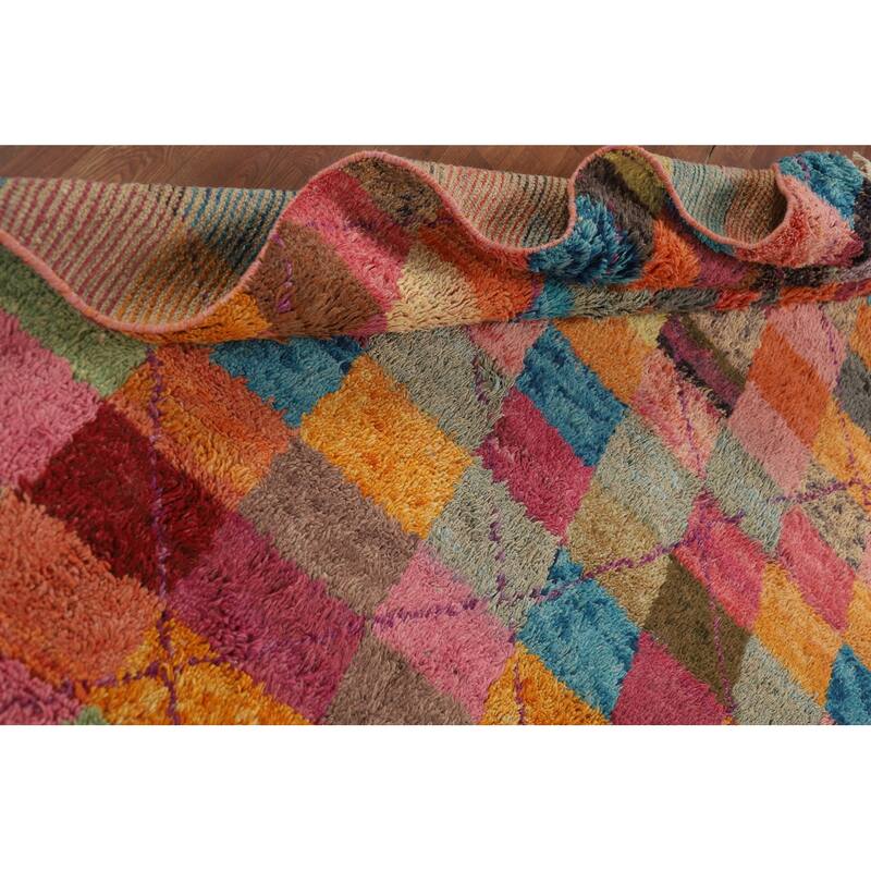 Checkered Plush Moroccan Oriental Area Rug Handmade Wool Carpet - 6'6" x 10'9"