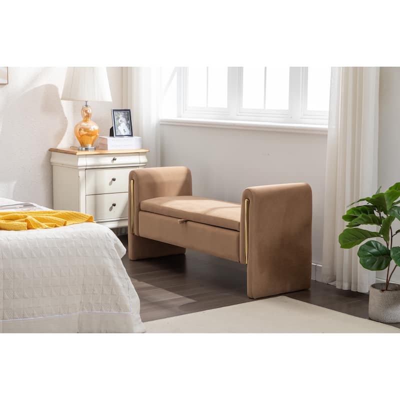 Velvet Fabric Storage Bench Bedroom Bench With Gold Metal Trim Strip For Living Room Bedroom