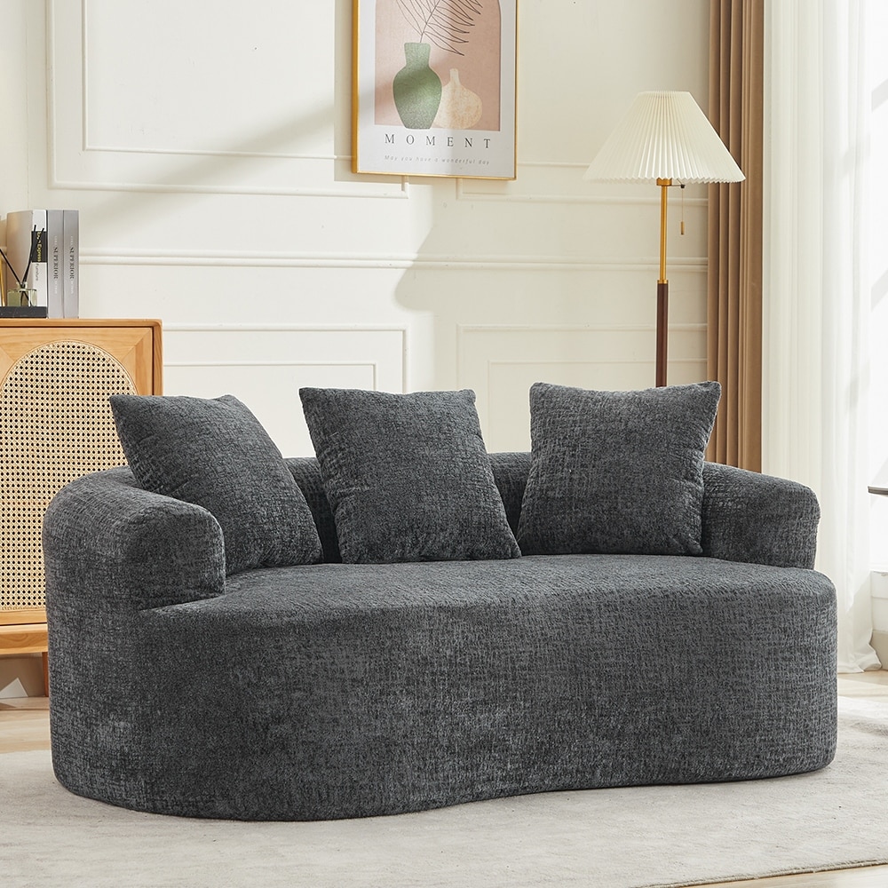 Grey Curved Loveseat 2-Seater Sofa Couch, Minimalist Sleeper Sofa Couch with Pillows for Living Room