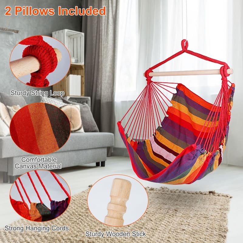 Cotton Canvas Swing Seat Hanging Hammock Chair with Pillows and Wooden Bar for Indoor or Outdoor - 39” x 51”