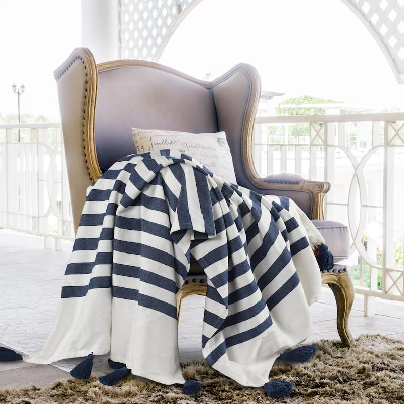 Sevita Hand-Woven Cotton Standard Size Throw Blanket - True Navy