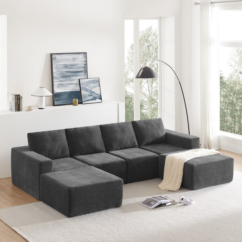 Modular U Shaped Sectional Sofa,Luxury Chenille Floor Couch Set,Foam-Filled Sleeper Sofa Bed,Free Combination，Dark Gray