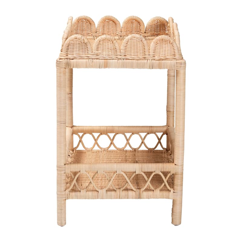 Eloisa Natural Rattan End Table - Handwoven Wicker 2-Tier Side Table with Scalloped Border for Living Room or Bedroom