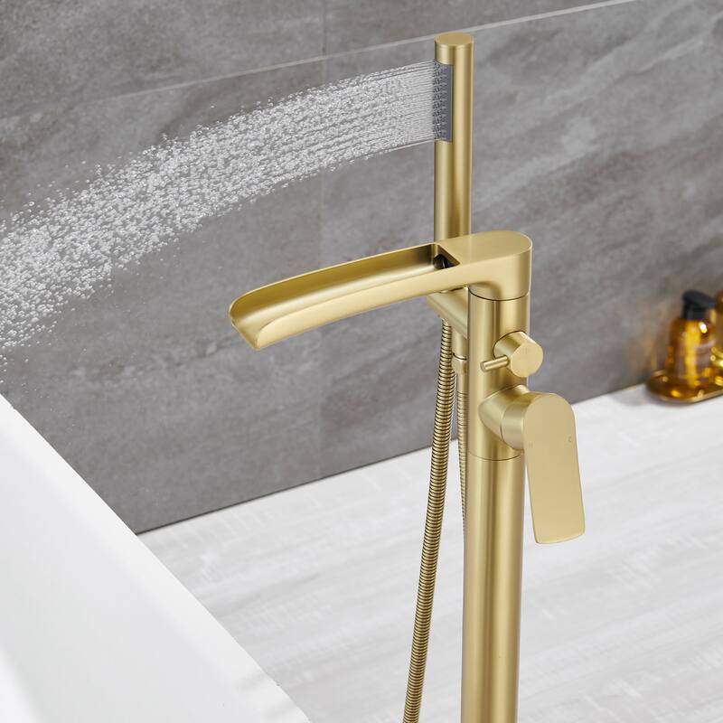 Brushed Gold Double Handle Floor Mounted Freestanding Tub Filler with Handshower