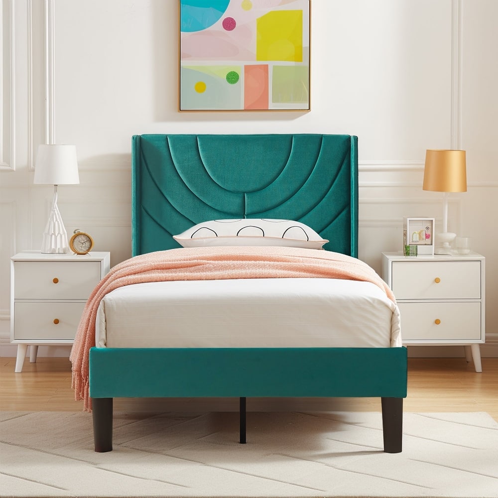 Javlergo Upholstered Bed Frame with Wingback Panel Headboard, No Box Spring Needed