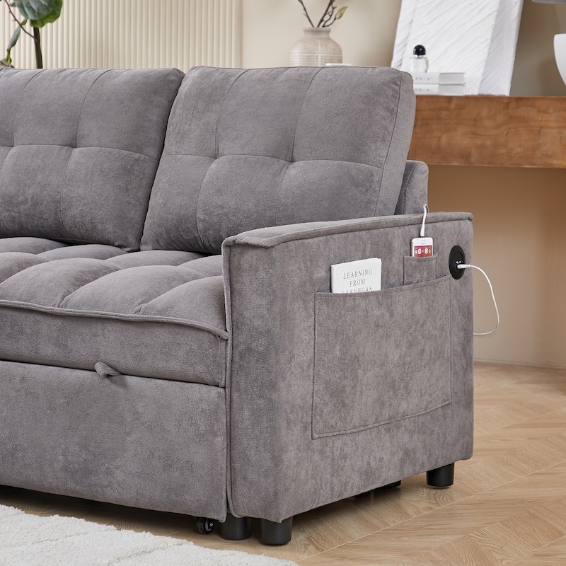 Modern Chenille L-Shaped Convertible Sofa Bed with Storage, USB and Type-C Charging Ports for Living Room