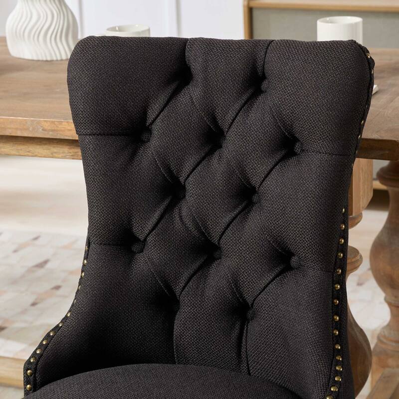 Set of 2 Linen Upholstered Dining Chair with Wood Legs, Nailhead Trim