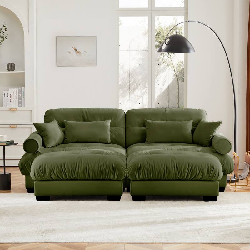 93.7" Velvet 2-Seater Sectional Sofa with Ottoman & Pillows