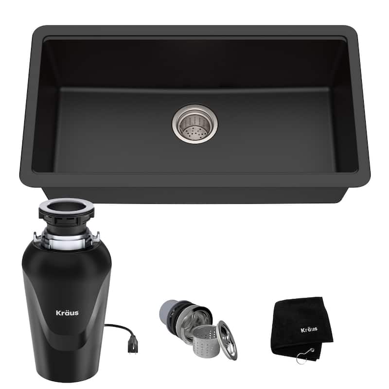 KRAUS Granite Black Onyx 31 inch 1-Bowl Undermount Kitchen Sink - Black - 30 1/2" x 17" (sink KGU-413B) w/ Garbage Disposal