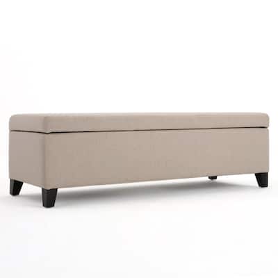Storage Bench Ottoman, Ivory, 51 Inch Cushioned Seat, Birch Wood Legs