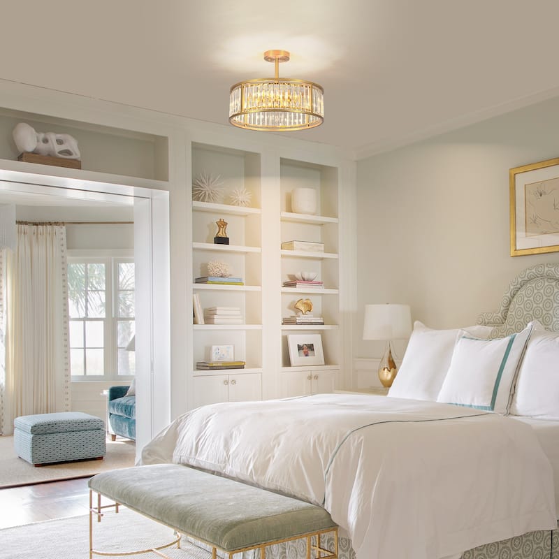 4-Light Mid-Century Modern Black/Gold Drum Crystal Semi-Flush Mount Ceiling Light