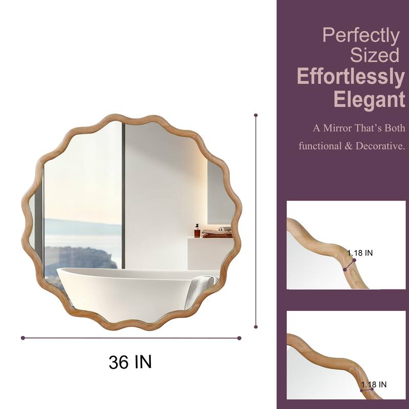 Wavy Round Solid Wood Frame Decorative Mirror Modern Farmhouse Wall Mirror For Bedroom Bathroom Living Room Entryway