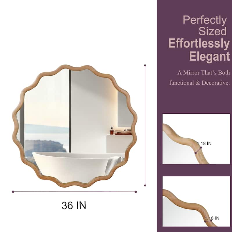 Wavy Round Solid Wood Frame Decorative Mirror - Natural