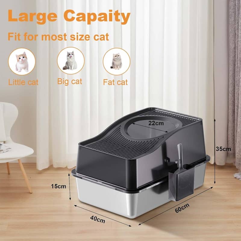 Stainless Steel High Sided Cat Litter Box, Enclosed Removable Covered