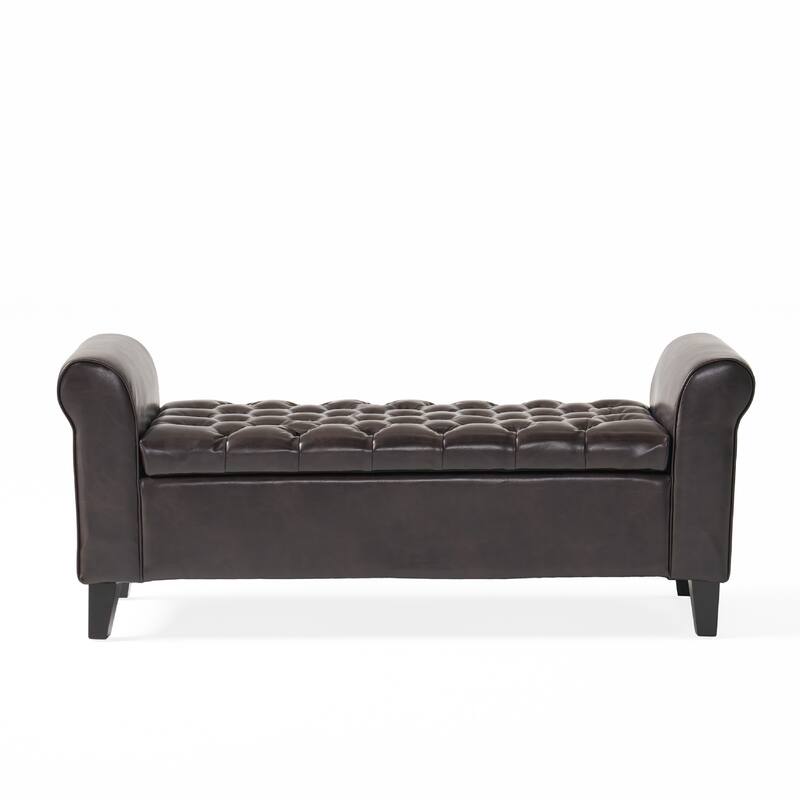 Jacob Ottoman Bench, Brown Faux Leather Button Tufted Seat, 50 Inch