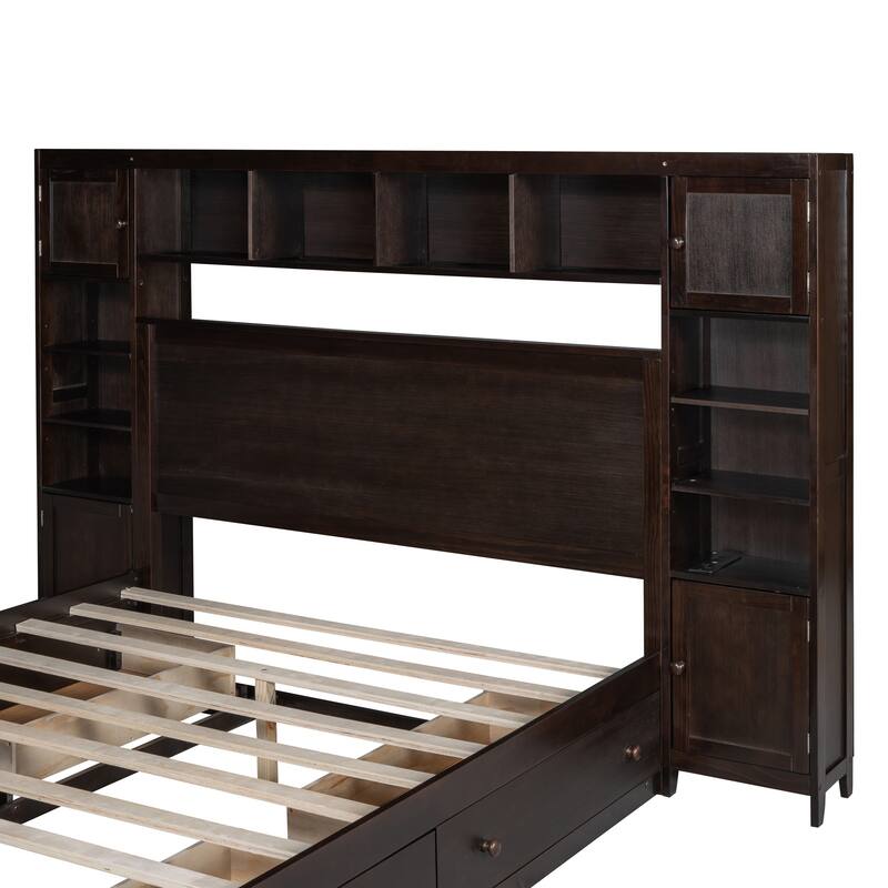 Queen Size Wooden Bedframe with All-in-One Cabinet, Queen Platform Bed with 4 Drawers & Built-in Sockets, No Box Spring Needed