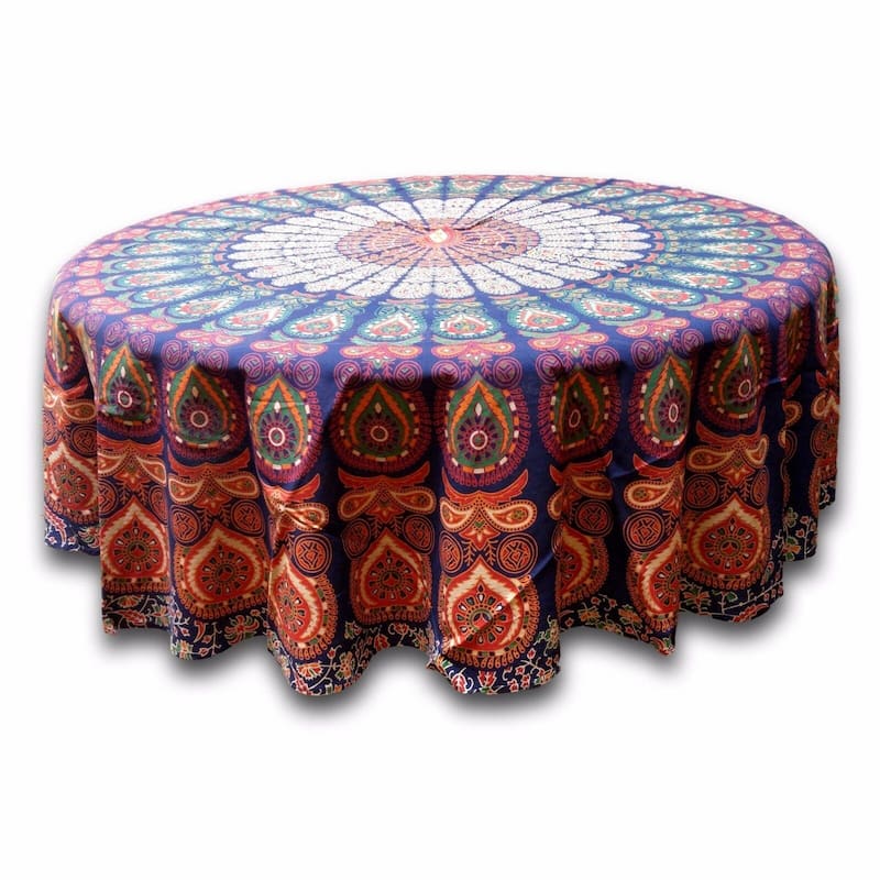 Cheery Peacock Floral Print Cotton Tablecloth Collection - 72-in Round - Burgundy