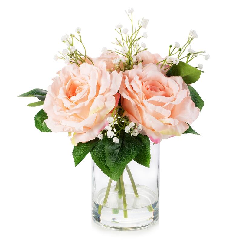 Enova Home 4 Large Silk Rose Flowers in Clear Glass Vase with Faux Water for Home Office Decoration