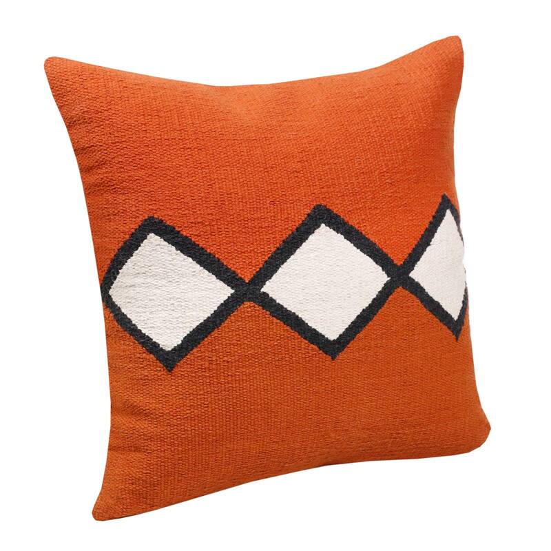 Handwoven Embroidered Diamond Cotton Throw Pillow Cover - 20" - Orange and White