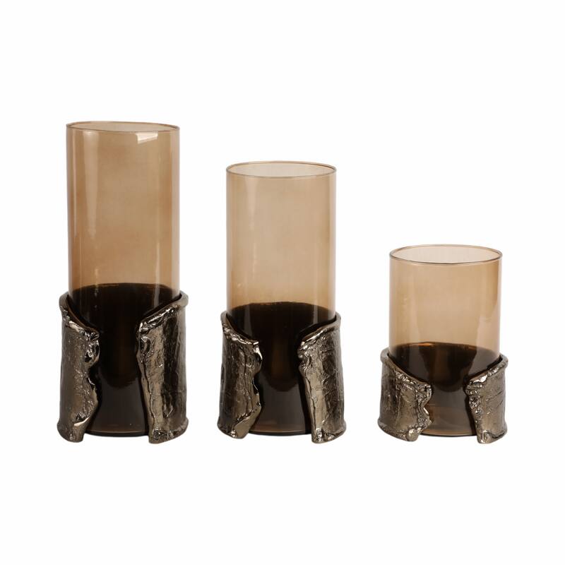 Candle Holder - Brown Glass with Metal Wraparound