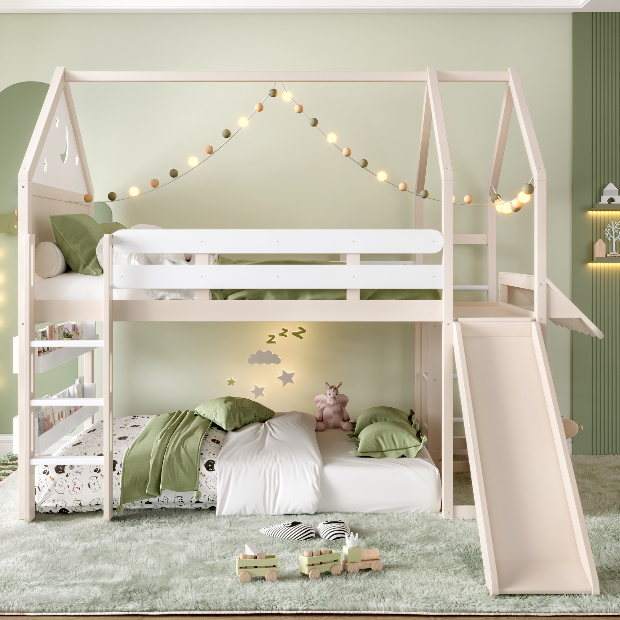 Full Size Kids House-Shaped Loft Bed/Bunk Bed with Bookshelf & Slide