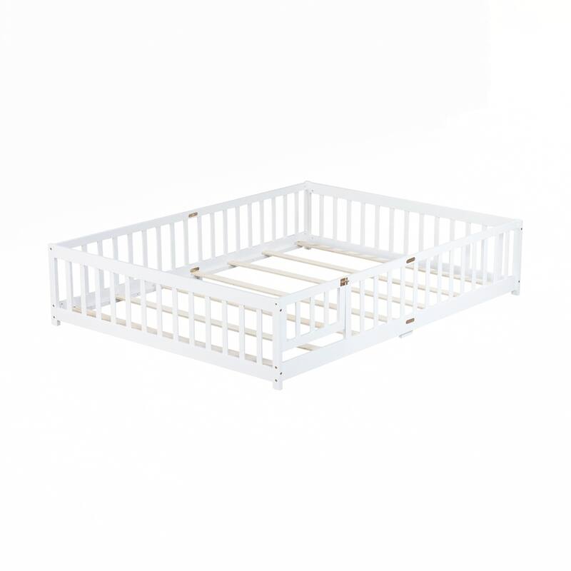 Rubber Wood Floor Bed with Safety Guardrails