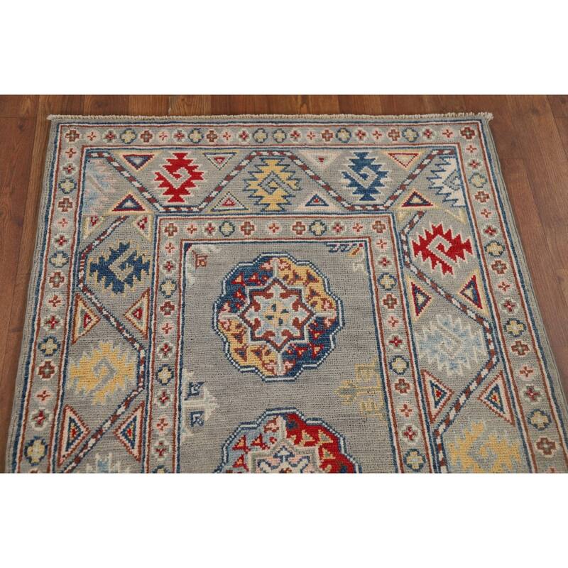 Gray Geometric Kazak Oriental Runner Rug Hand-Knotted Wool Carpet - 2'9" x 10'0"