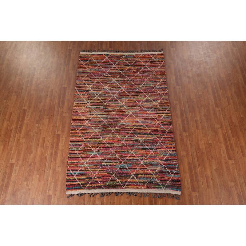 Stripe / Trellis Moroccan Area Rug Handmade Wool Carpet - 5'10" x 9'4"