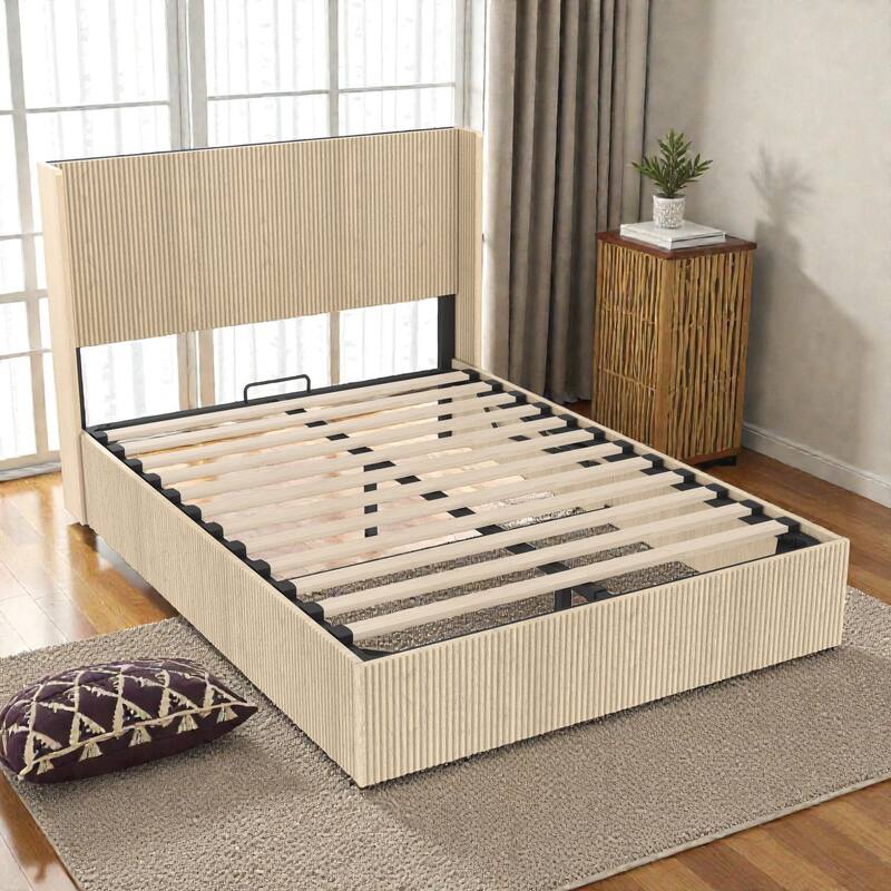 Wood Lift Storage Platform Bed with Raised Headboard, Gas Lift Design, No Box Spring Needed, Queen King