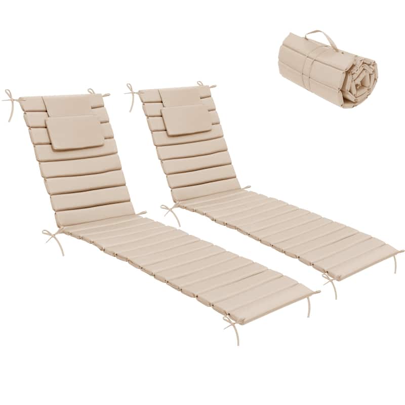 Outdoor Chaise Lounge Cushion, Quilted Patio Sun Lounger Pad with Straps - 2PC - Beige, Fits 78"-82" chaise