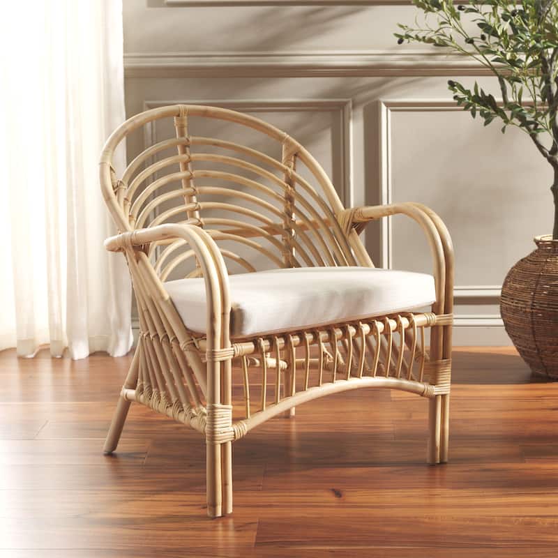 SAFAVIEH Aragorn Boho Coastal Solid Wood Accent Chair with Cushion - 27"W x 27"D x 32"H - White/Natural