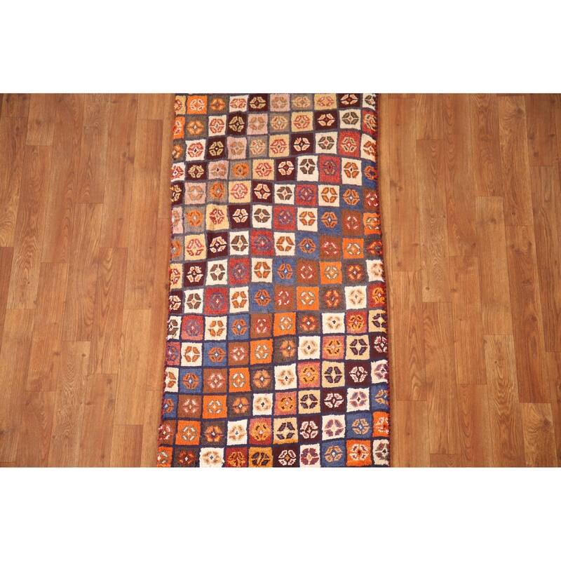 Checkered Gabbeh Persian Vintage Runner Rug Handmade Wool Carpet - 2'1"x 4'9"