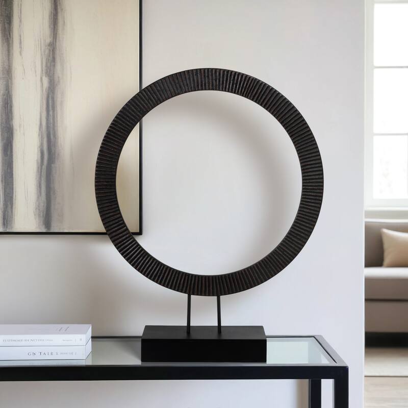 Wood and Iron Ring Sculpture on Base with Modern Grooved Texture - 24" x 5" x 30"