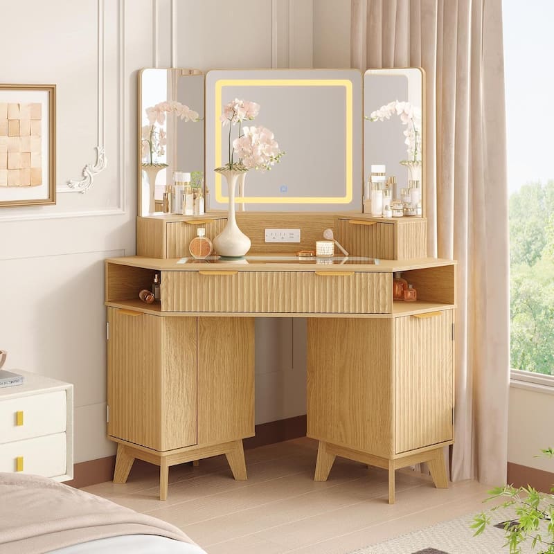 48 inch Fluted Corner Vanity Desk with Lights and Triple Mirror - Almond
