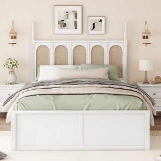 Queen Size Rattan Platform Bed with 2 Drawers, Wooden Bed with Twin Trundle, Space-saving Bed with Rattan Headboard, White