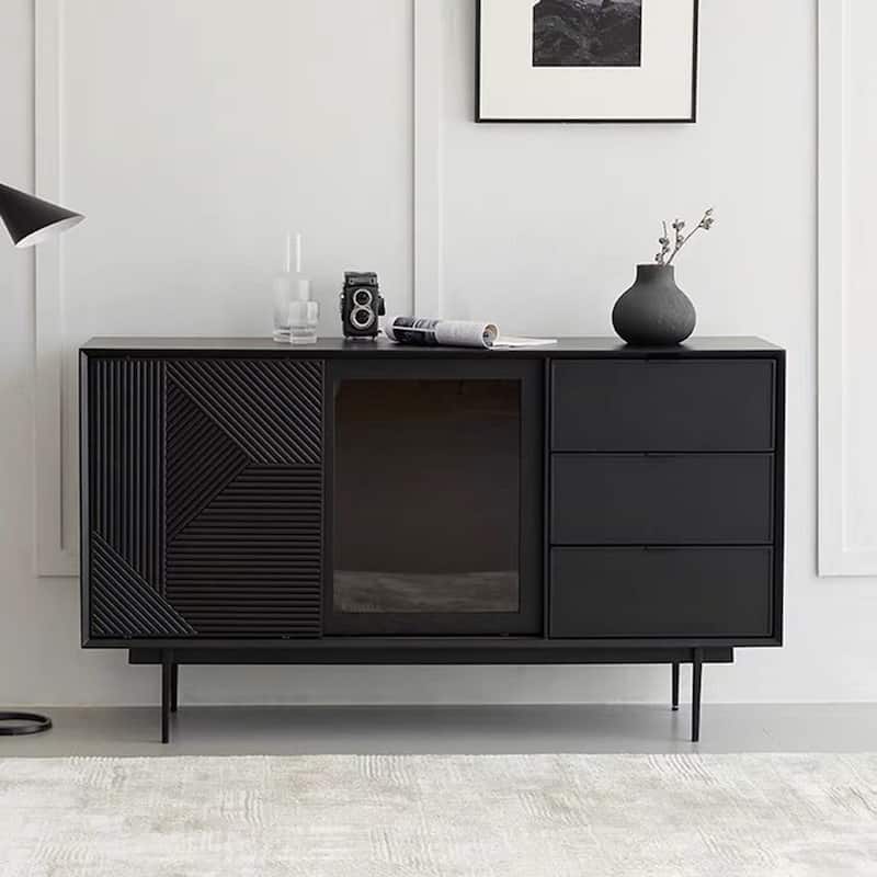 59.06" Mid Century Modern Black Sideboard Buffet with Tempered Glass,Geometric Pattern Design, Metal Legs, Assemble Needed