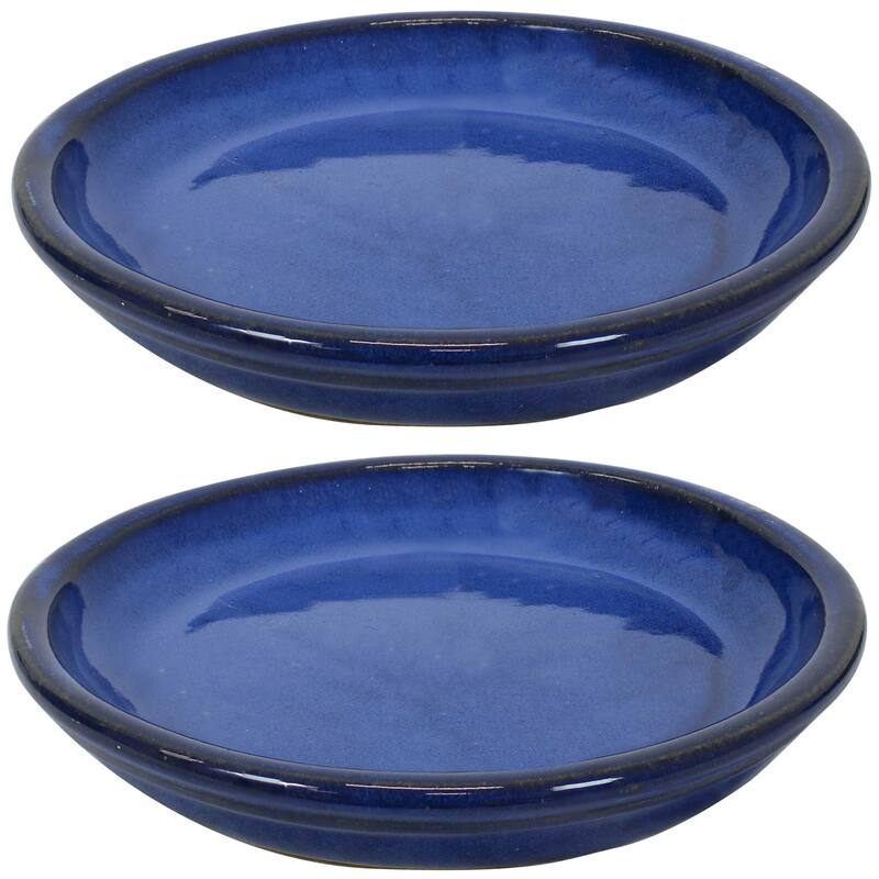 Sunnydaze Set of 2 Glazed Ceramic Planter Saucers - 9" - 7" - Imperial Blue