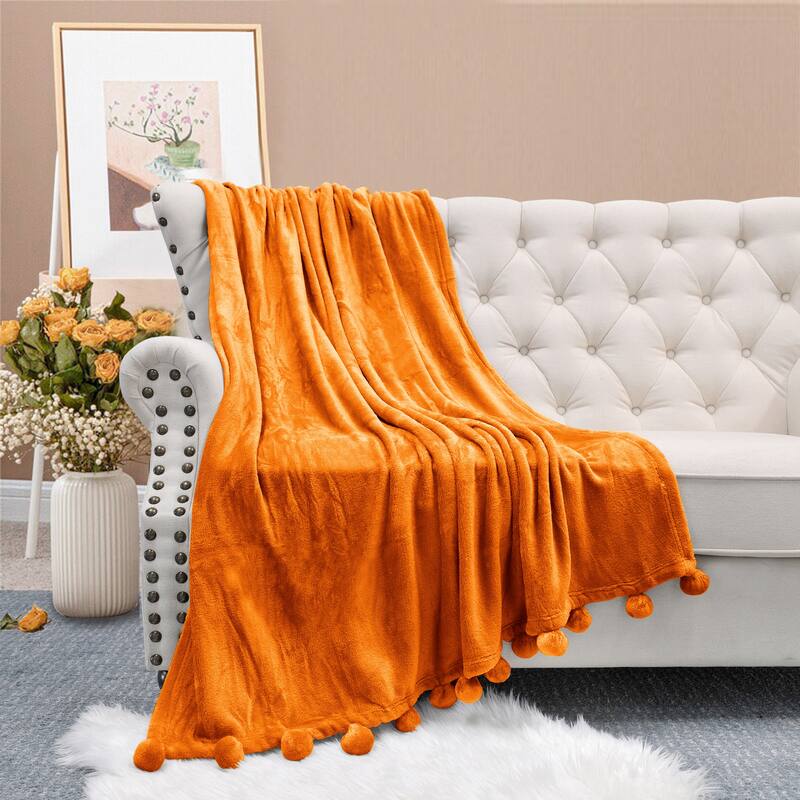 Pompom Flannel Fleece Throw