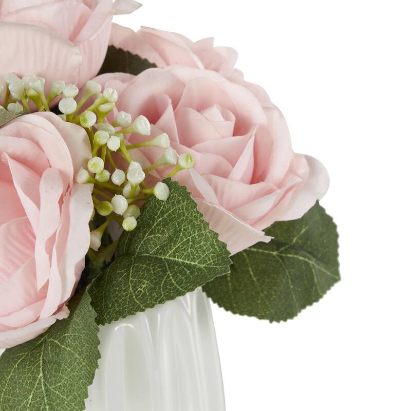 Pink Fabric Artificial Flower with Green Leaves and Round Ceramic Vase